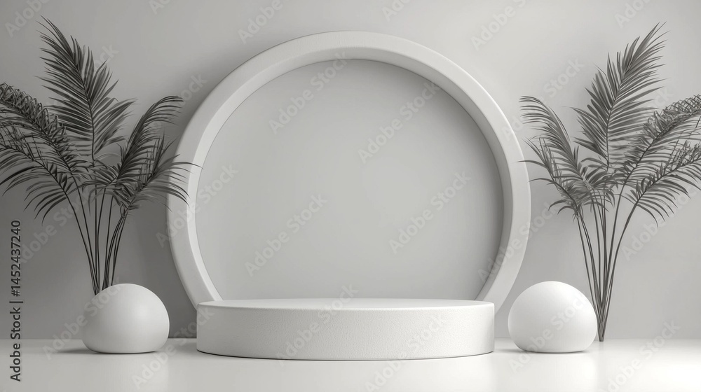 Poster a clean, minimalist display features a circular frame against a light wall. flanking the frame are t