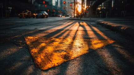 Urban Intersection at Sunset with Shadows and Traffic Lights