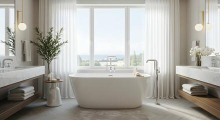 Elegant Modern Bathroom with Freestanding Bathtub and Scenic View
