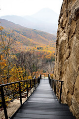 dark-grey staircase leading to an autumn mountain landscape