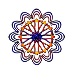 A vibrant and glowing abstract spirograph design resembling a mandala, featuring intertwined loops and curves in shades of blue, red, orange, and yellow. The intricate pattern stands out against a bla