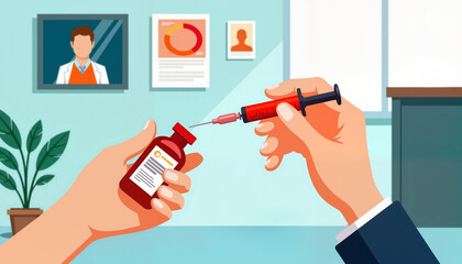 Medical professional preparing syringe with vaccine against clinic background  