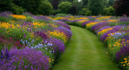 Pathway Through Vibrant Floral Abundance In A Summer Landscape