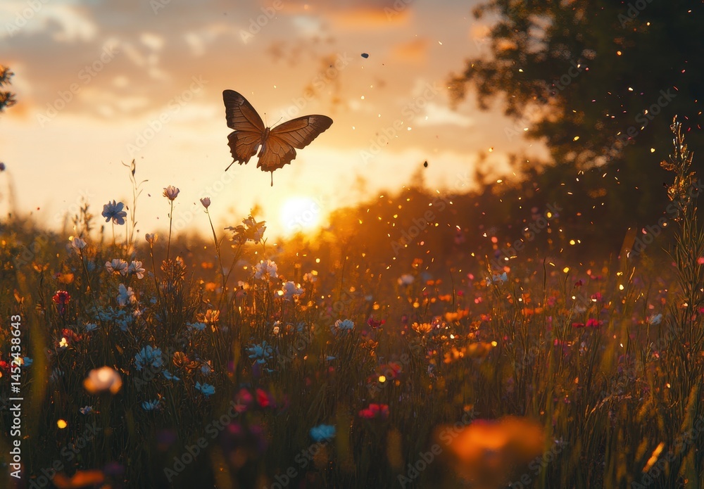 Poster beautiful butterfly flying over colorful wildflowers in sunset glow with soft bokeh effect creating 