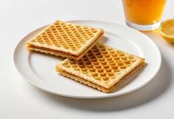 There are three waffles on a plate with a glass of orange juice inside