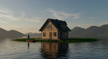 Fototapeta premium Serene Cottage on Island Surrounded by Calm Water and Mountains