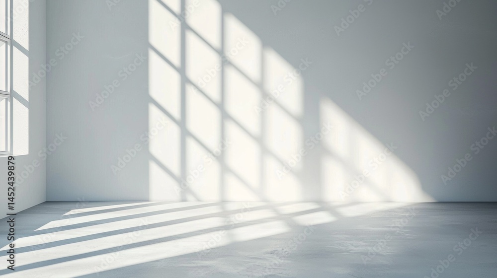 Fototapete Sunlight filters through large windows, casting intricate shadow patterns on the bare concrete floor of a minimally decorated room. The atmosphere feels calm and spacious