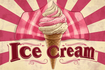 Vintage Ice Cream Poster Illustration with Retro Typography and Cone Design