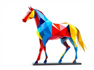 Obraz premium Wide shot of a colorful geometric low-poly horse sculpture in red, blue, and yellow standing on a base against a plain white background under studio light.