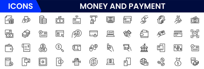 Money and payment are simple, minimal, thin line icons. Related money, credit card, atm, purchase, bill. Editable stroke. Vector illustration.