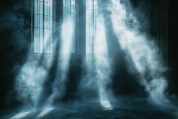 Soft smoke cuts through light beams in dark moody cinematic atmosphere