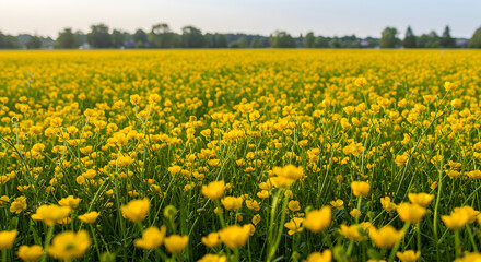 Obraz premium Abundant Yellow Flowers Blossom In A Vibrant Meadow Under Sunny Sky