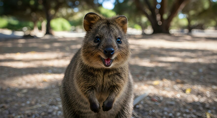 Happy Quokka Smiling in Natural Habitat Under Trees and Sunlight