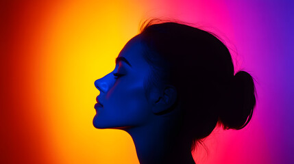 Radiant Contemplation: A silhouette of a woman, illuminated by vibrant neon lights, exudes serenity and introspective contemplation.