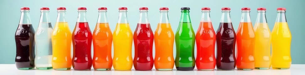 Colorful soda pop bottles in a row, arranged neatly on white table, fizzy, soda pop