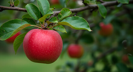 Fresh Red Apple on Tree Branch with Green Leaves and Blurred Background