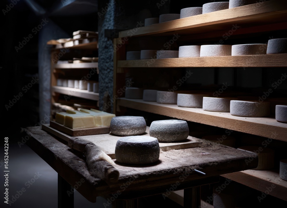 Poster cheese production in a rustic cellar with shelves stacked full of various cheese types under soft li