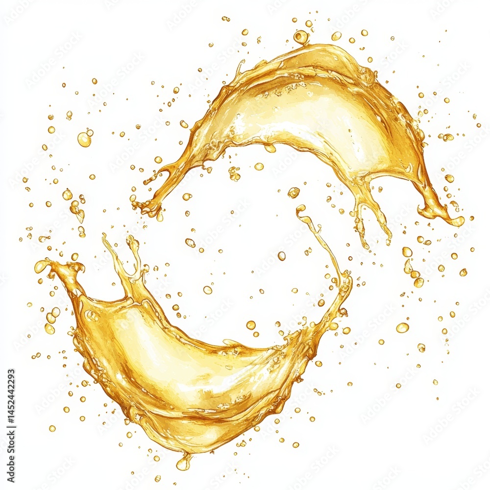 Poster golden liquid splash design - two dynamic splashes of golden liquid form a circular design against a