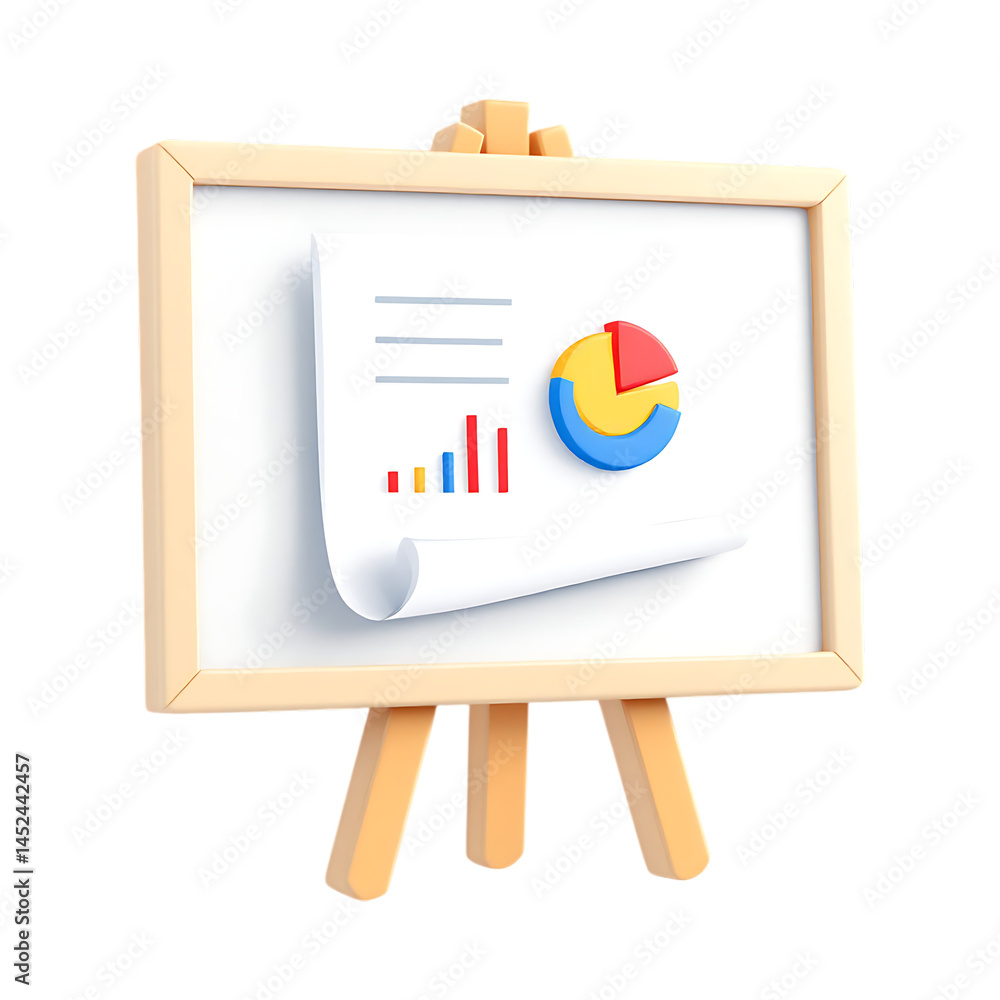 Poster 3d rendering of a whiteboard with charts and graphs.