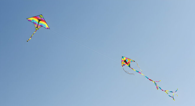 Two Colorful Kites Flying High Against a Clear Blue Sky
