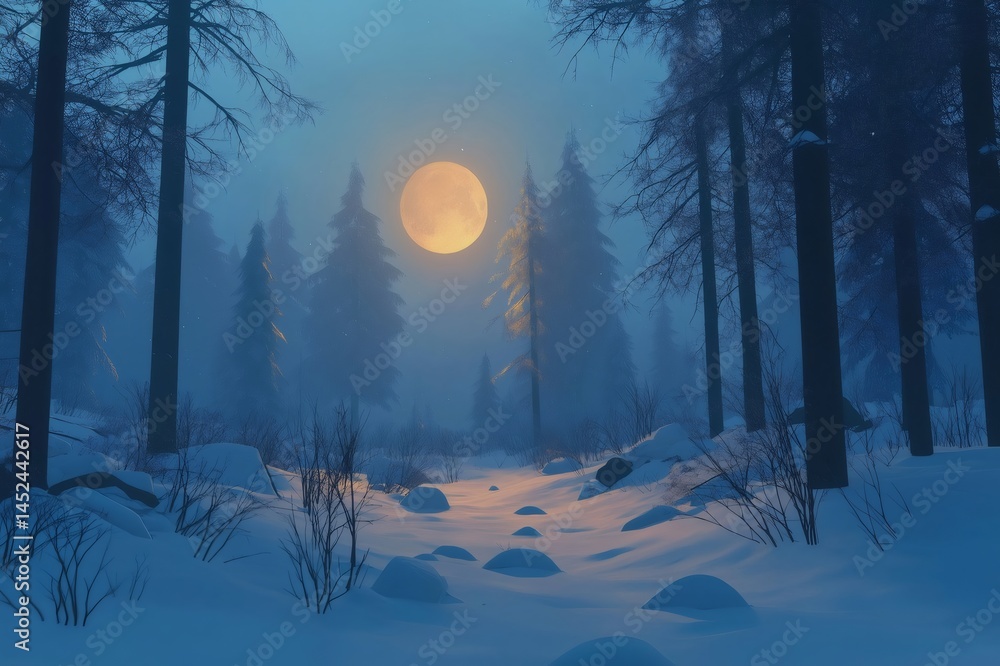 Poster snow covered path winding through a serene forest bathed in the soft glow of a full moon, creating a