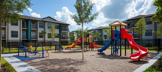 Fototapeta premium Family-Friendly Apartment Complex Background Including Outdoor Playgrounds, Well-Maintained Parking Areas, and Urban Community Housing Units