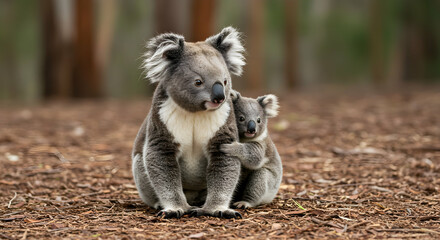 Obraz premium Tender Moment Between Adult Koala and Baby Koala in Natural Habitat