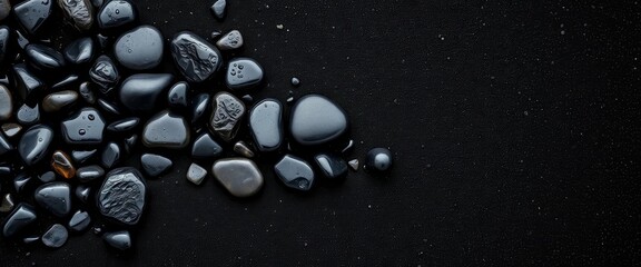 Dark, wet, smooth pebbles contrast sharply against black volcanic sand, sea, texture background
