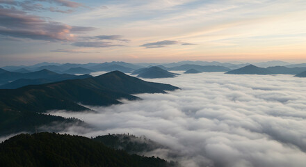 Obraz premium Serene Mountain Landscape with Morning Fog and Soft Sunrise Light