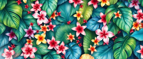 Naklejka premium Lush watercolor tropical leaves, vibrant blooms, overflowing with nature's richness, AI generated, bright