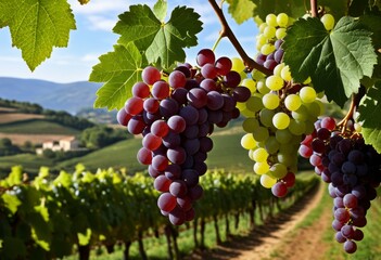 A bunch of grapes hanging from the vineyard vine