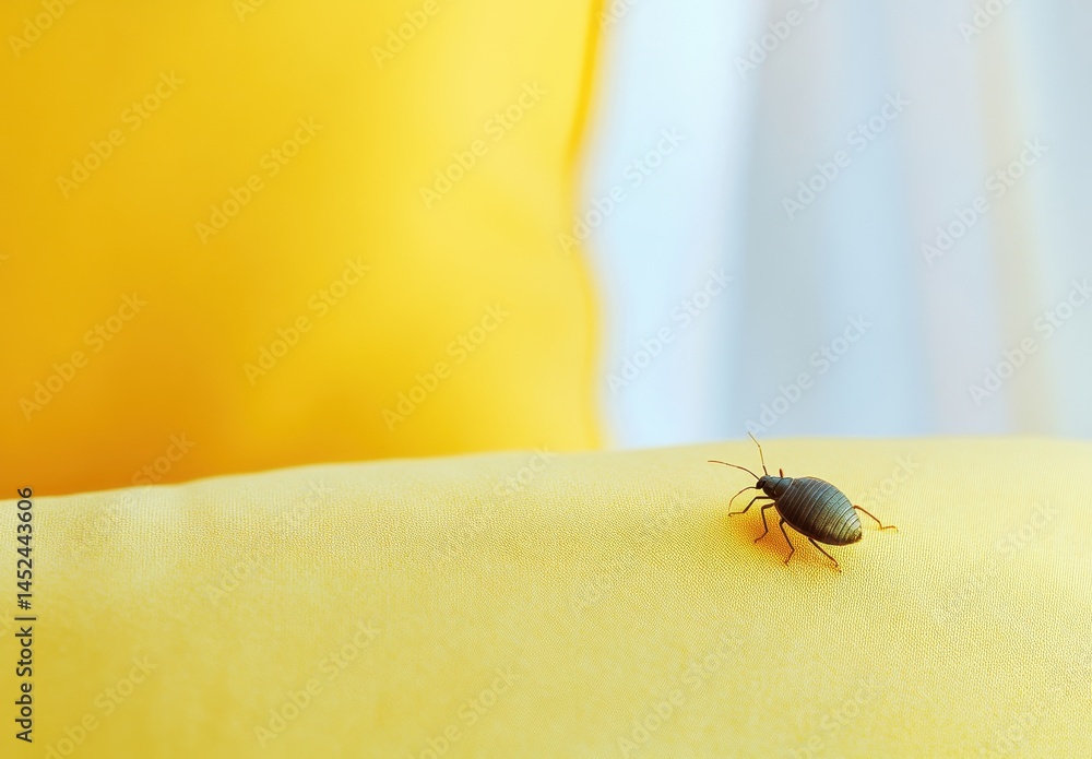 Poster close-up image of tiny insect on bright yellow textile surface with soft light and background blur f