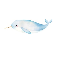 Obraz premium Watercolor painting of a narwhal with spiral tusk swimming in arctic tones isolated on a clean white background