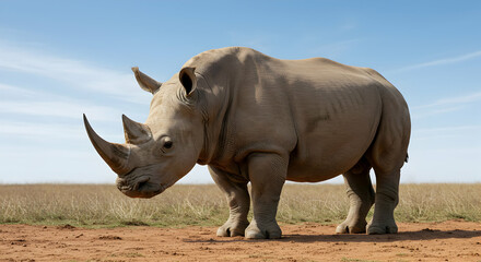 Obraz premium Majestic Rhinoceros Standing in the Open Grassland Under Blue Sky