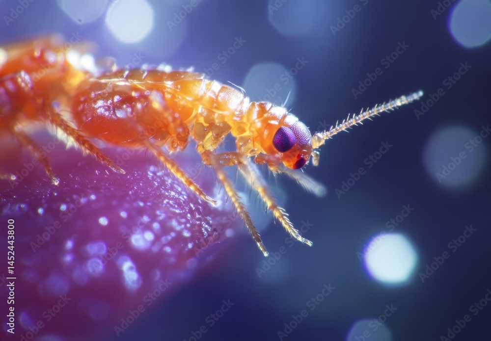 Poster close-up macro shot of a tiny insect highlighting its details and features with colorful bokeh backg