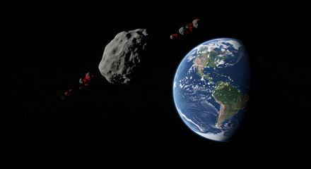 Obraz premium Earth and Asteroid in Space with Black Background and Stars