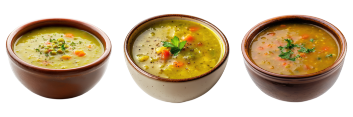 Set of bowl of freshly made split pea soup isolated on transparent, PNG