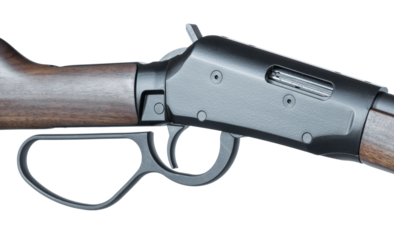 Lever-action rifle receiver seen in full from the ejection side