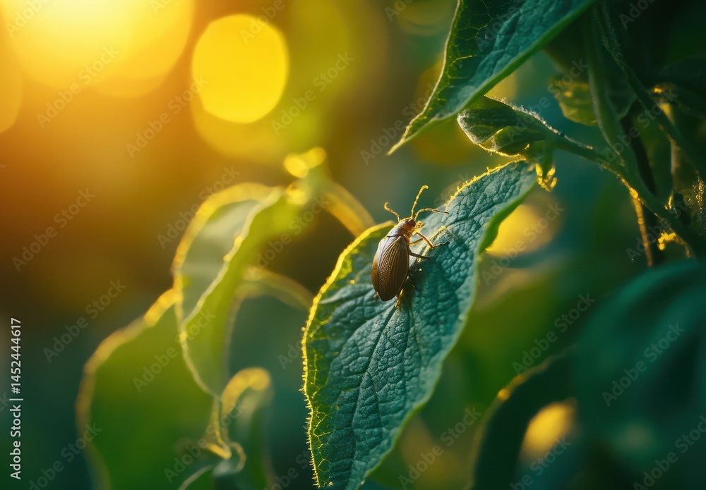 Poster close-up of a beetle resting on a green leaf in soft evening light with bokeh background creating a 