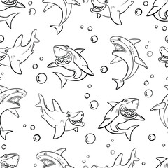 Hand drawn style sharks seamless pattern. Black and white abstract with hand drawn sharks. Shark Characters Texture Designs for Textile Wallpaper prints, T-shirts, wrappers, fabric textiles, websites