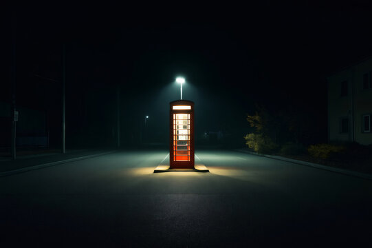 Illuminated red telephone booth glowing in the midst of an empty asphalt street, casting an eerie light in the dark night