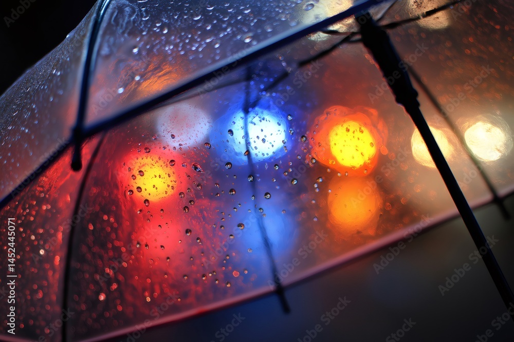 Poster raindrops falling on a transparent umbrella with colorful bokeh lights creating a beautiful and abst