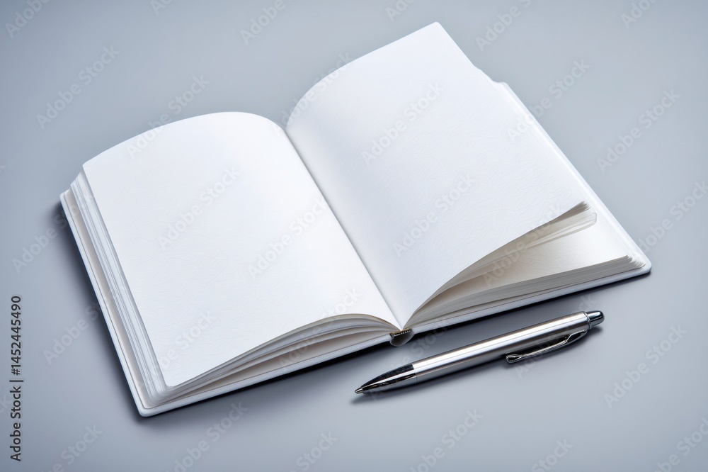 Poster open notebook with blank pages inviting to write and a pen lying on a gray background, perfect for a