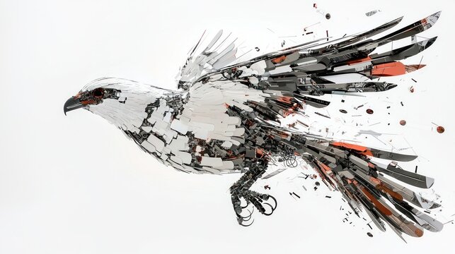 Exploded view of a thunderbird soaring, white background