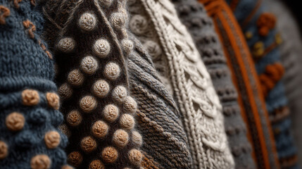 Close-up of textured knitted fabric patterns.
