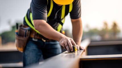 Construction worker measuring steel beam at sunset with tools, showcasing a busy site