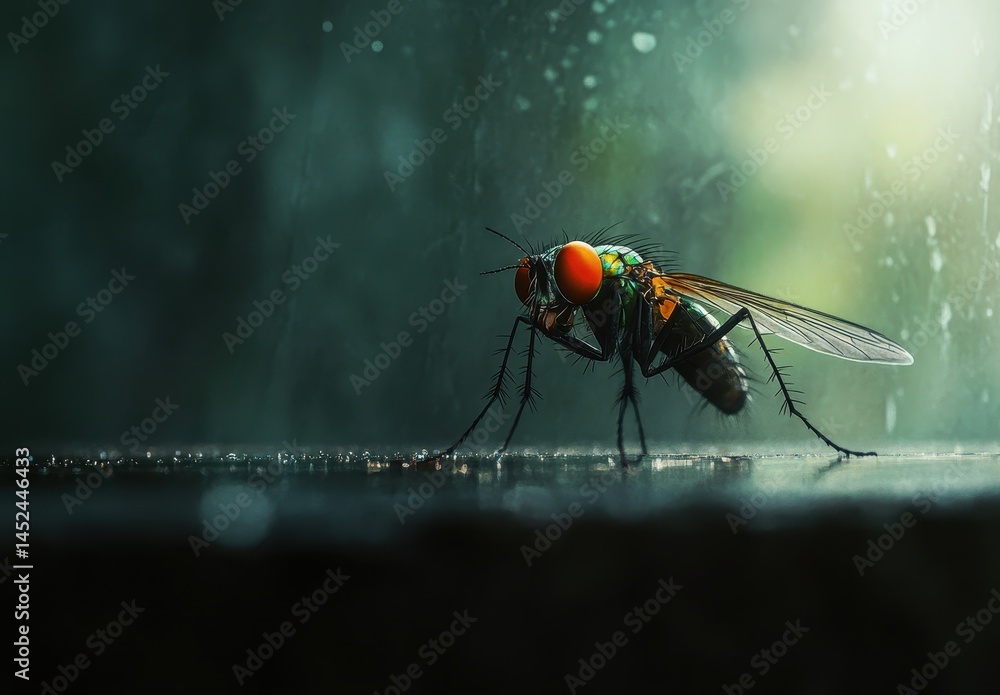 Poster close-up of a colorful fly with vibrant eyes on a foggy surface, capturing intricate details of inse