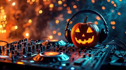 Halloween dj pumpkin with headphones on a dj mixer.