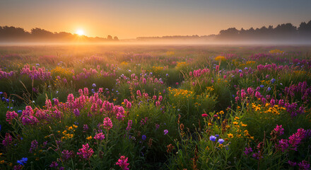 Dawn Light Illuminating Floral Meadow with Foggy Horizon Landscape