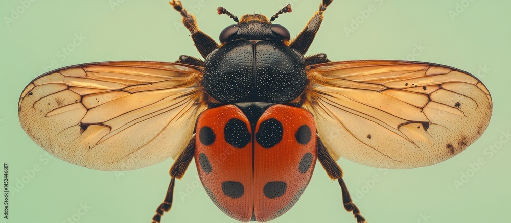 Poster close-up of a colorful insect with distinctive red and black pattern on its winged body in a natural